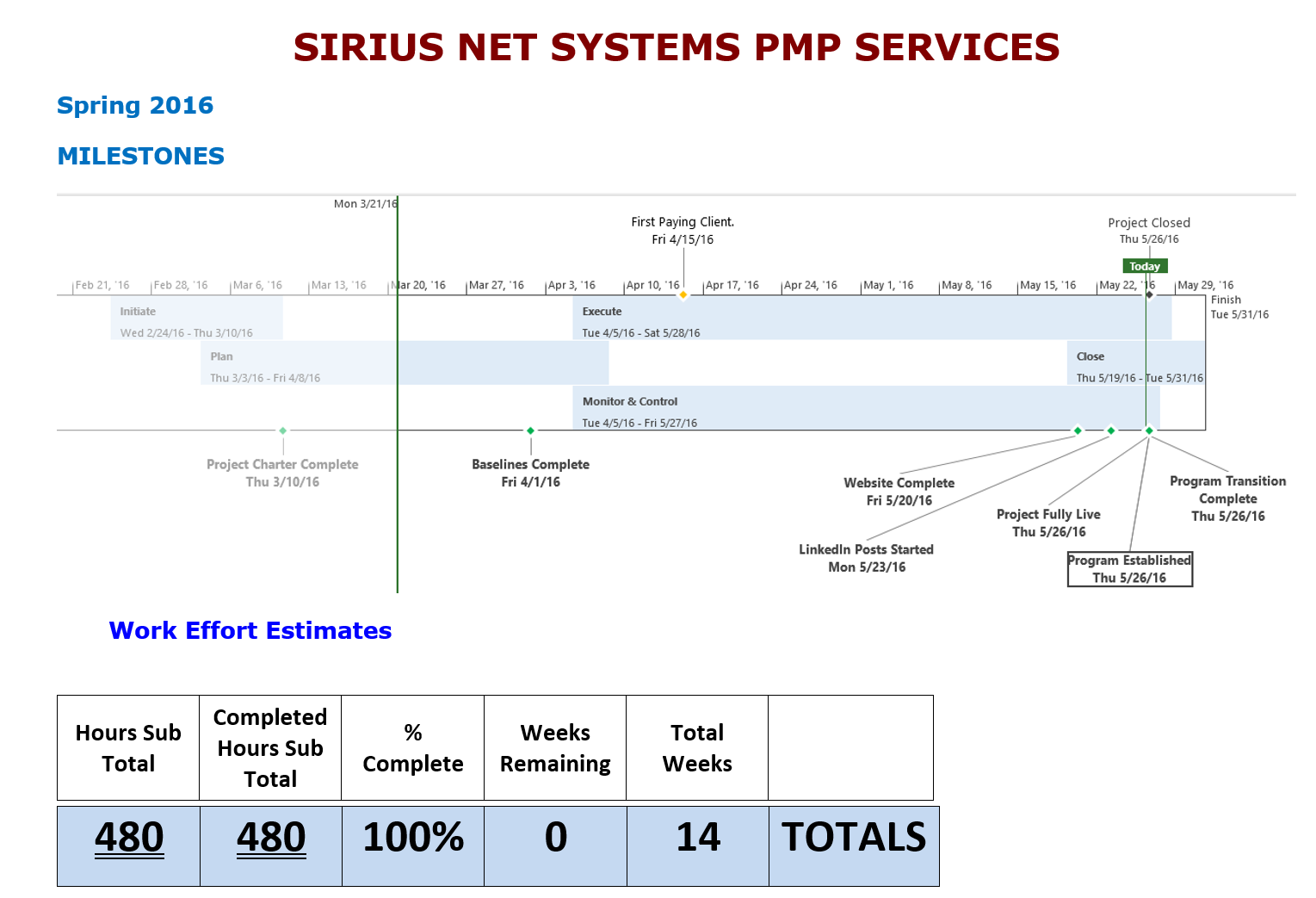 SNS PMP Services Project Milestones